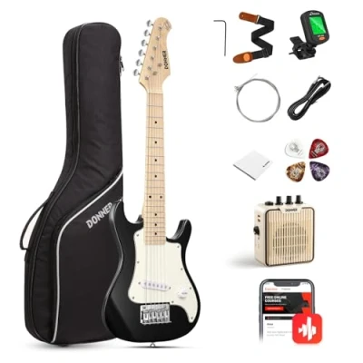 Imagen de Donner Kit de guitarra eléctrica junior 30 pulgadas para principiantes, estilo ST, paquete premium con amplificador, sintonizador, capo, bolsa, correa, cuerda, cable (DSJ 100, negro)