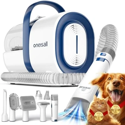 Imagen de oneisall Cortapelos perros con aspiradora de pelo, Aspira el 99% del pelo las mascotas, máquina corte silenciosa para y gatos otras 7 herramientas aseo (azul)