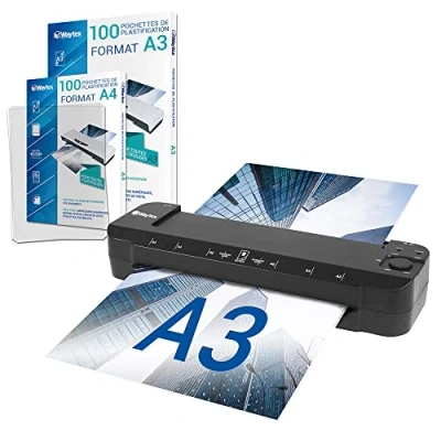 Imagen de Plastificadora A3 A4 A5 A6 A7 Pro Ultra rápida en caliente y fría hasta 2 x 150 micras Temperatura ajustable Uso profesional intensivo Pack con 100 fundas +