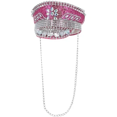 Imagen de Smiffys Sombrero de capitán Fever Deluxe con adornos lentejuelas, rosa intenso, cadena