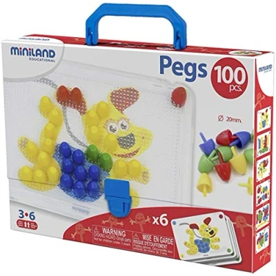 Imagen de Miniland Pegs 20 mm (100 Piezas) Primary Colors Divertido Juego de mosaicos. Incluye 1 bandeja, 100 y 6 fichas cartón (31806)