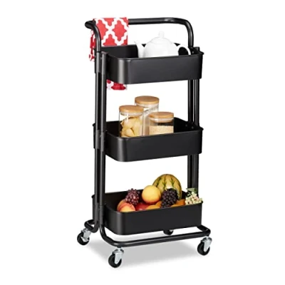 Imagen de Relaxdays Carrito Auxiliar, 3 Pisos, 2 Frenos, Carro Multiusos Cocina, Baño, Oficina, Metal, 84x42x37 cm, Negro, Acero