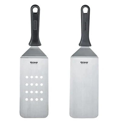 Imagen de Westmark Juego de 2 espátulas profesionales para barbacoa (acodada, flexible) con hoja perforada y cerrada, acero inoxidable/plástico, Master Line, negro/plata, 134122E6