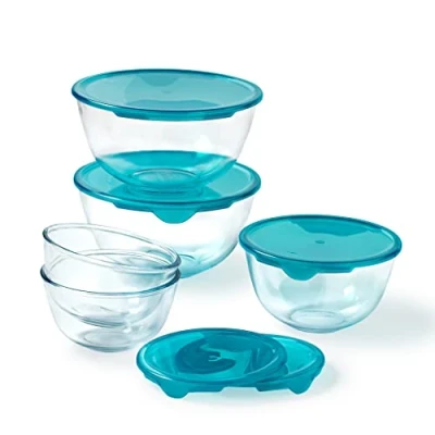 Imagen de Pyrex Juego de 5 cuencos con tapas, 2 x 0,5 L, 1 L + cristal borosilicato, extrema resistencia, compatible lavavajillas Made in France
