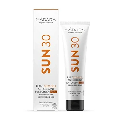 Imagen de MÁDARA Cosméticos Orgánicos Protector solar corporal antioxidante de células madre vegetales SPF30 100 ml, Protección UVA/UVA amplio espectro, Con Northern Dragonhead