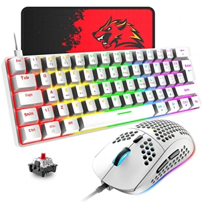 Imagen de T60 Juego de Teclado y Mouse Con Cable, Mecánico 60% Compacto 62 Teclas, 19 Luces LED Arcoíris, UK Layout + Ratón para Juegos PS4 6400 DPI Pad PC, Mac Interruptor Rojo/Blanca