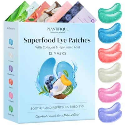 Imagen de PLANTIFIQUE Superfood Parches Ojos Bolsas y Ojeras, 12 Pares con Ácido Hialurónico para Contorno de Antiarrugas Mujer Corrector Ojeras Hombres, Color Eye Patches