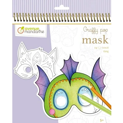 Imagen de Clairefontaine ES Avenue Mandarine GY138C Cuaderno Espiral Graffy Pop Mask, Animales Fantásticos, 24 Máscaras para Colorear Precortadas, a Partir de 5 Años, Papel Certificado PEFC