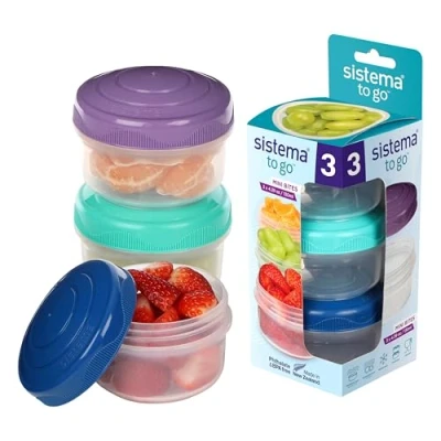 Imagen de Sistema Snack Pots Mini Bites TO GO 130 ml Fiambreras apilables para aperitivos con Tapas Sin BPA verde, rosa y azul 3 unidades