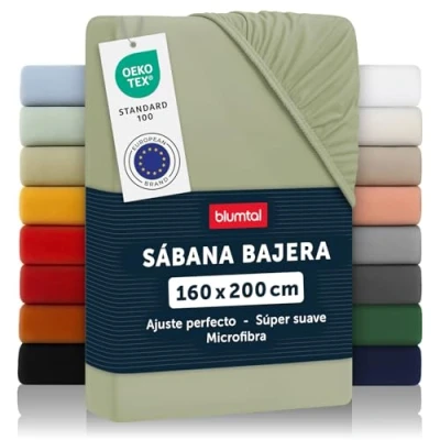 Imagen de Blumtal Basics Sábana Bajera Ajustable de Microfibra Cepillada para colchón 25 27 cm Altura, Cama 160: 160 x 200 30cm, Verde Oliva