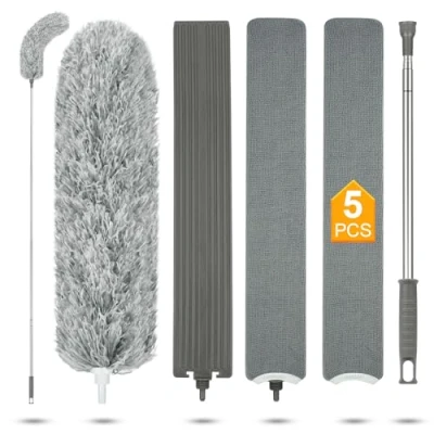 Imagen de Vicloon Plumero de Limpieza, 2 Cabezales TelescóPica Microfibra Plumeros Y Cepillo Limpieza Ranura, Lavable, Extensible con Varilla 246 Cm para Persianas Windows