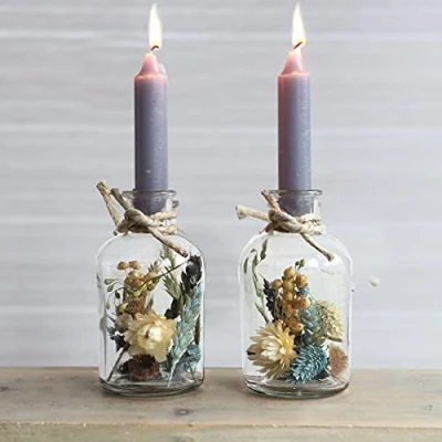 Imagen de comforder Portavelas de Cristal con Flores Secas. Set 2 Candelabros para Centros Decorativos Mesa, Velas Decorativas (Gris/Azul)