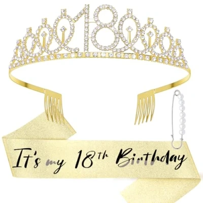 Imagen de DRESHOW 18 Cumpleaños Corona y Fajín para Mujer Niña Tiara Fiesta de Strass Set Decoraciones Accesorios el Pelo Purpurina
