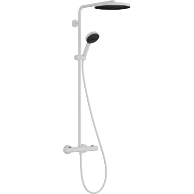 Imagen de hansgrohe Pulsify S Puro sistema de ducha ahorro agua (EcoSmart) con termostato, lluvia (260 mm) grifo, mano, flexo ducha, barra y fija redonda, blanco mate, 24237700