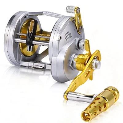 Imagen de One Bass carrete de pesca nivel viento, convencional para agua salada (TAL40L plateado dorado izquierdo)