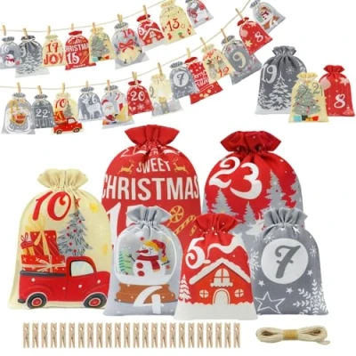 Imagen de Calendario de adviento para Rellenar,24 Bolsas Vacio,Diy Navidad Tela Rellenable,Grande Originales Niños Adultos Regalos Personalizados