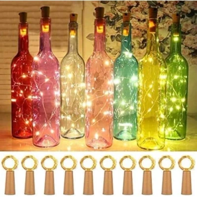 Imagen de 15 luces LED para botella de vino con 50 pilas, 20 ledes, 2 m, alambre cobre, cuerda corcho, cobre decoración, Navidad, fiestas, vacaciones, luz ambiental (blanco cálido)