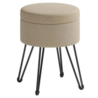 Imagen de SONGMICS Puff Almacenaje, Baul Banco Redondo, Taburete de Tocador, 39 x 44,1 cm, 4 Patas Metal, Asiento Acolchado, Marrón Camello LOM002K01