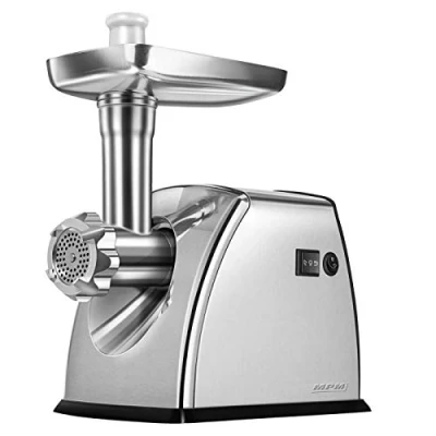 Imagen de MPM MMM 07M Picadora de Carne eléctrica Acero Inoxidable, con embutidora Salchichas, 3 Discos Corte, Engranaje metálico, función inversa, Accesorios, 1800 W