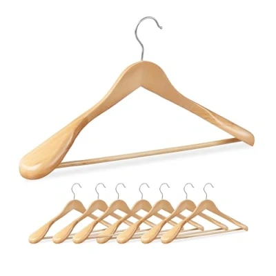 Imagen de Relaxdays Perchas de Traje, Pack 8, Colgadores Ropa, para Colgar Chaquetas y Camisas, Barra Pantalones, Natural, Madera, 23 x 45 6 cm
