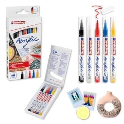 Imagen de edding 5300 Rotulador Acrílico Fino, Multicolor, Juego de 5 Rotuladores Pintura Acrílica, Punta Redonda Fina 1 2 mm, para Dibujar Sobre Lienzo, Papel Artístico, Madera y Piedra