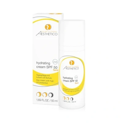 Imagen de AESTHETICO crema hidratante SPF 50 Cuidado de día intensamente con alta protección UV para pieles deshidratadas y sensibles, buena base maquillaje, ml