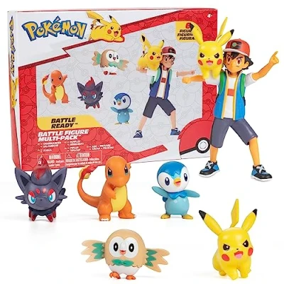 Imagen de Pokémon Battle Ready! Juego de figuras, 6 piezas Ceniza 4.5 pulgadas y Pikachu lanzador, Charmander 2 pulgadas, Rowlet, Piplup, Zorua Producto oficial Regalo cesta Pascua para niños,