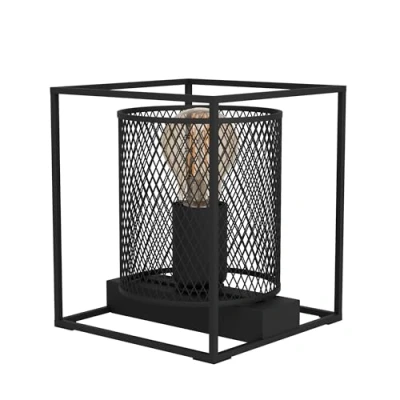 Imagen de Eglo lámpara de mesa Catterick, cabecera angular diseño industrial, metal en negro, rejilla para salón y dormitorio, casquillo E27