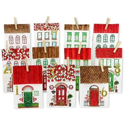 Imagen de Papierdrachen Set de Papel Kraft para el Calendario Adviento Casas Colorear con 24 Bolsas Blancas Impresas y Rellenar tú Mismo Navidad 2021