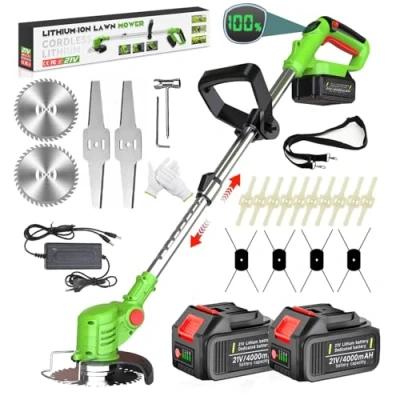 Imagen de Desbrozadora Bateria 21V Electrica con 2 4.0Ah Baterías y 4 Cuchillas, Cortabordes en 1 Mango Retráctil Rotación de Cabezal 90 para Césped Jardín Poda,Green