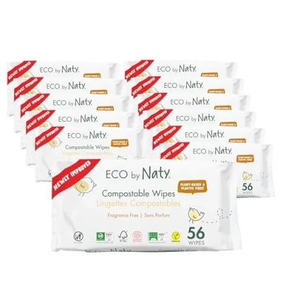 Imagen de Eco by Naty Toallitas para bebé sin perfume húmedas 100% compostables y de origen vegetal, buenas bebés recién nacidos piel sensible (672 unidades 12 paquetes 56)