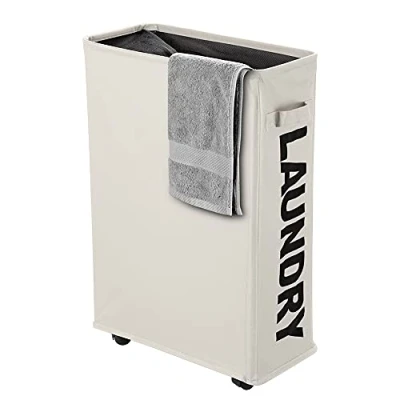 Imagen de IHOMAGIC Cesto para la Colada Delgada sobre Rueda, Cesta de Lavandería Rectangular Práctica Plegable Colector Ropa Sucia el Hogar, Cocina, Dormitorio, Hotel, Viaje 35 40L, 600D Tela, Beige
