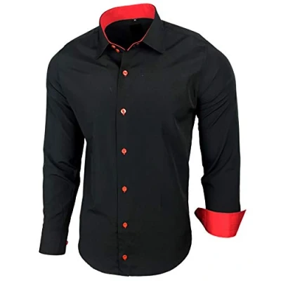 Imagen de Baxboy Camisa de manga larga para hombre, corte ajustado, fácil planchar, trajes, trabajo, bodas, tiempo libre, R 44 negro y rojo XL