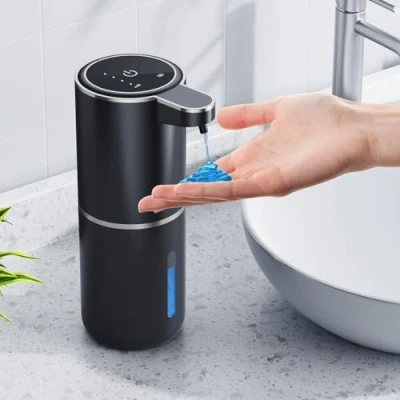 Imagen de dispensador de jabón automático, 380 ml, automático sin contacto, recargable por USB, con sensor movimiento infrarrojos para baño, cocina, oficina, negro
