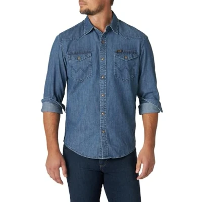 Imagen de All Terrain Gear X Wrangler Iconic Denim Regular Fit Snap Shirt Camisa Abotonada, Vaquero Medio Tint, S para Hombre