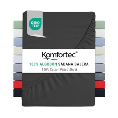 Imagen de Komfortec Sábana Bajera Ajustable (180 x 200 cm, 100% algodón), Color Negro