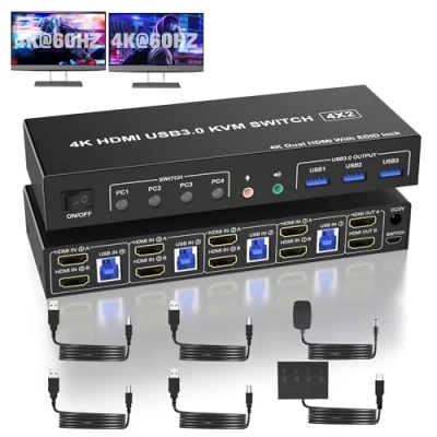 Imagen de HDMI KVM Switch 4PC 2 Monitores, Simulación EDID, 4K60Hz Conmutador 4 Ordenadores que Comparten Monitor y Salida de Micrófono Audio 3 Dispositivos USB 3.0 por Ratón Teclado Impresora