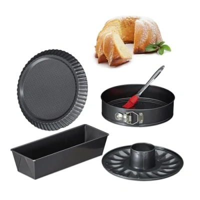 Imagen de Relaxdays, Antracita Set de cuatro moldes repostería, Redondo &amp; Rectangular, Pincel para pasteles, Acero
