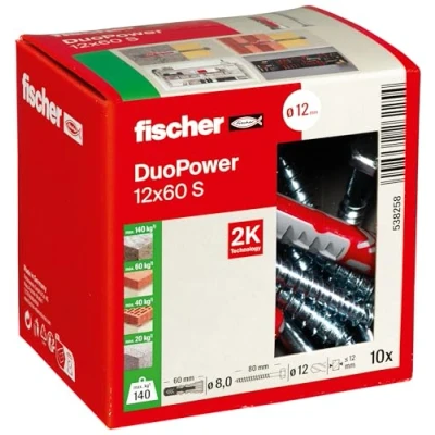 Imagen de fischer DUOPOWER 12 x 60 S, tacos y tornillos para pared universales de seguridad, 2 componentes plástico fijación en hormigón, ladrillo, piedra, cartón yeso, (10 + 10 tornillos)