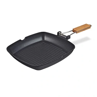 Imagen de Relaxdays Sartén Parrilla, para Inducción, Antiadherente, Mango Plegable, Plancha Aluminio Carne, 29x29 cm, Negro