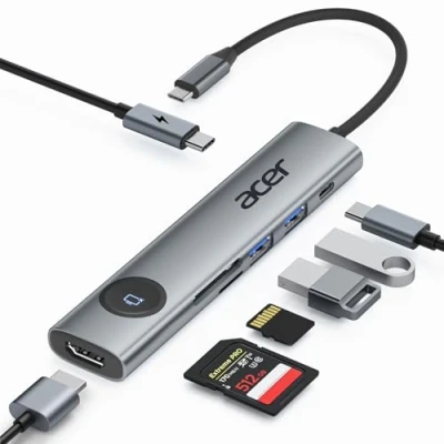 Imagen de acer USB C Hub, 7 en 1 Docking Station 4K@60Hz, Hub con 2 Puertos 3.0, PD 100W Multipuerto Adaptador HDMI Botón de Encendido/Apagado para Macbook, iPad Pro/Air, PC y Tabletas