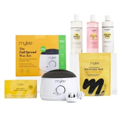 Imagen de Mylee Kit de depilación profesional completo con calentador cera, cuentas cera dura 500 g, espátula aplicadora, gel pre y después del cuidado, limpiador equipos (carbón té verde)