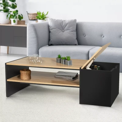 Imagen de IDMarket Mesa de Centro Rectangular contemporánea IZIA con baúl Negro y bandejas Madera