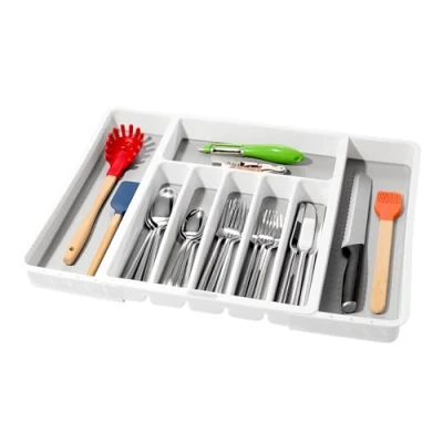 Imagen de madesmart Bandeja de cubiertos expandible, color blanco, colección clásica, 8 compartimentos, iconos para ayudar a clasificar cubiertos, utensilios forro agarre suave sin BPA