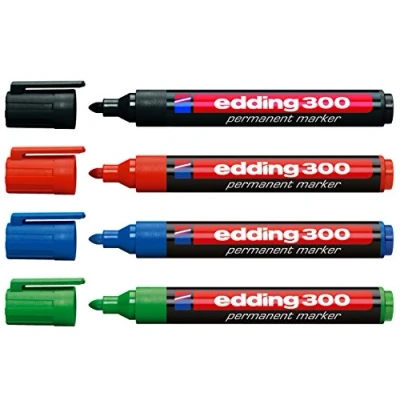 Imagen de Edding 300 Juego de 4 rotuladores permanentes (rellenables, 1,5 3 mm), color negro, rojo, azul y verde