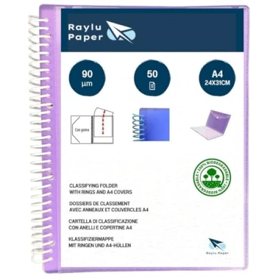 Imagen de Raylu Paper® Carpeta clasificadora con anillas fundas transparentes A4 de 90 micras y sobre cierre velcro, tapa personalizable. 100% biodegradable. (50 Fundas, Violeta)