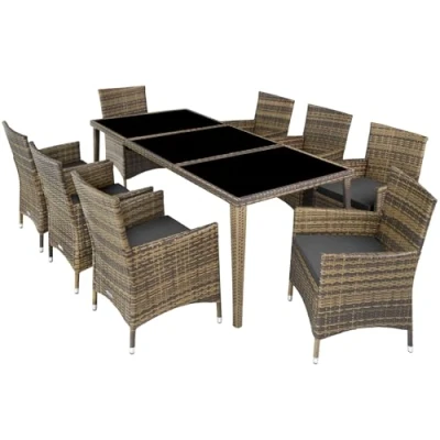 Imagen de TecTake® Conjunto Jardín Exterior de Ratán y Aluminio, Muebles Resistente a la Intemperie, 8 Sillas con Cojines, 1 Mesa Cristal, 2 Juegos Fundas Funda Protectora Natural