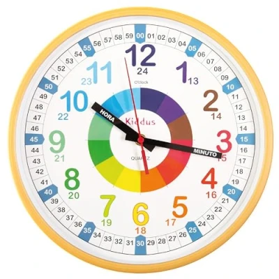 Imagen de Kiddus Reloj Pedagógico para Niñas y Niños. De Pared, Grande 30 cm. Analógico. Mecanismo Silencioso. Aprende la Hora. Sistema Time Teacher. Ejercicios Incluídos. Modelo: XL Wood ES