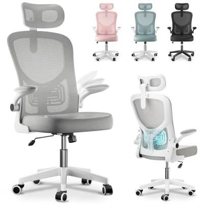 Imagen de Silla Escritorio Ergonomica oficina Ajustable y Reclinable con Soporte Lumbar, Reposacabezas Ajustable, Plegables, Malla Transpirable, Ruedas Giratorias 360 Soporta hasta 120kg Gris