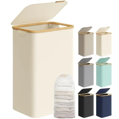 Imagen de SONGMICS Cesto de Ropa Sucia con Tapa, Gran Cesta Sucia, 90 L, Forro Malla Extraíble, Tejido Oxford, Asas Bambú, Plegable, 42 x 32 70,5 cm, Blanco Crema LCB509W01